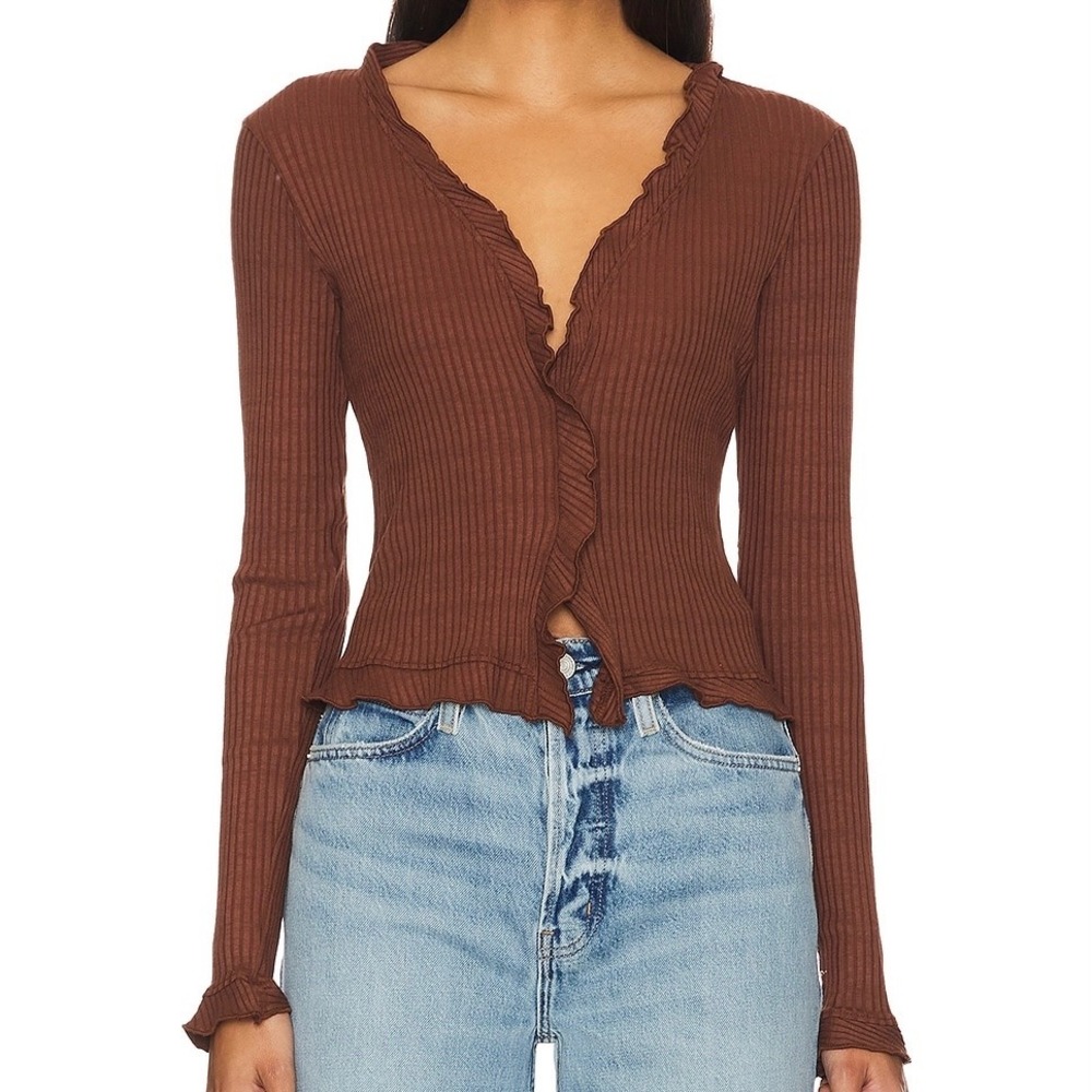 LAmade Brown Ribbed Ruffle Trim Button Front Cardigan Top‎ Size L Made in USA